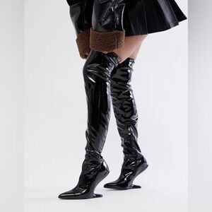 NWT. Fashion Nova Glossy Black Thigh High Boots.  New With Tags.